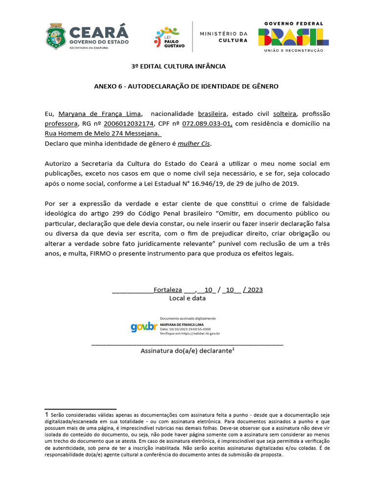 Autodeclaração de Identidade de Gênero | PDF