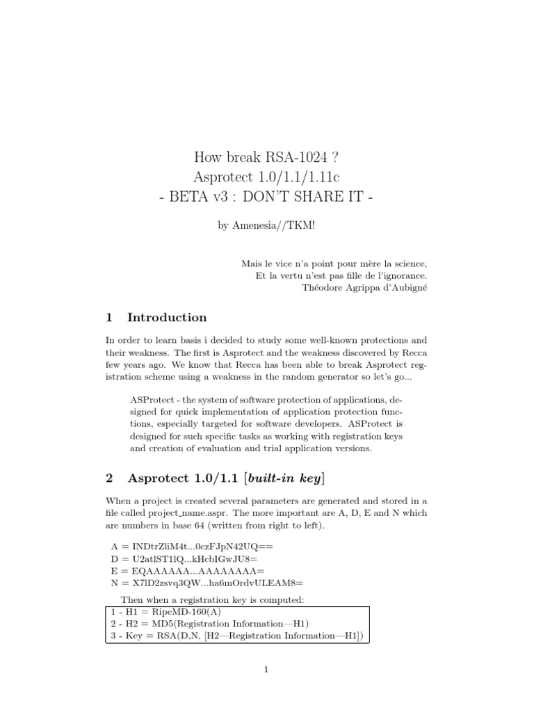 How Break RSA-1024 ? Asprotect 1.0/1.1/1.11c - Beta V3: Don'T Share It ...