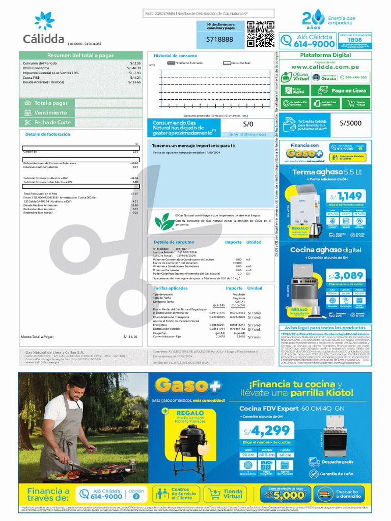 Recibo de Gas Natural - Agosto 2024 | PDF | Economias | Gases
