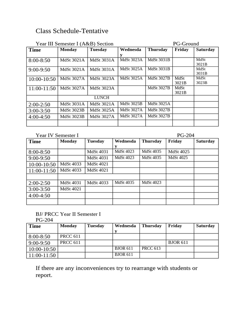 Tentative Class Schedule Year III & IV | PDF