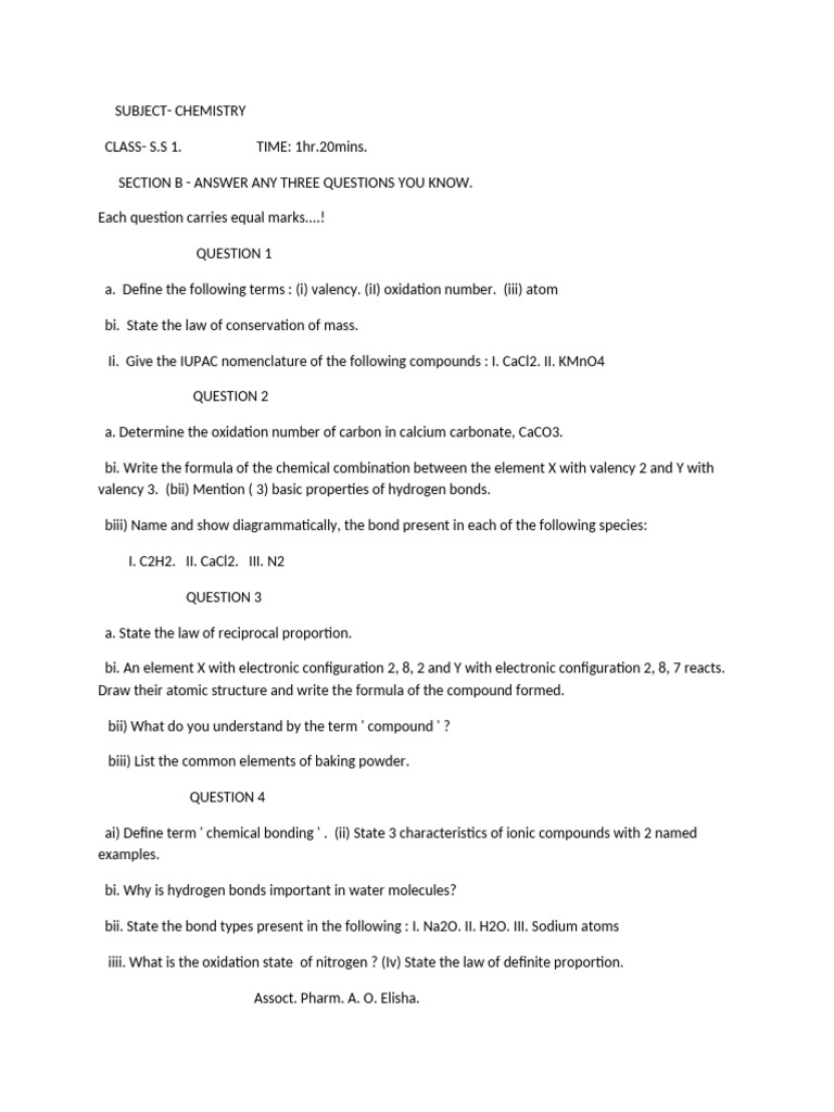 Chemistry Exam Questions for S.S 1 | PDF