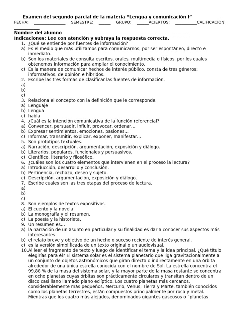 Examen Segundo Parcial Lengua y Comunicación | PDF | Sistema solar ...