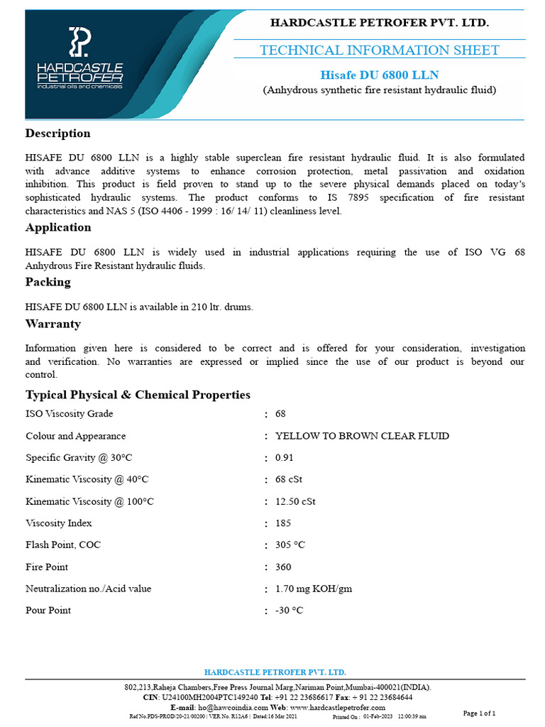 Fire Resistant Hydraulic Fluid DU 6800 | PDF | Materials | Chemical ...