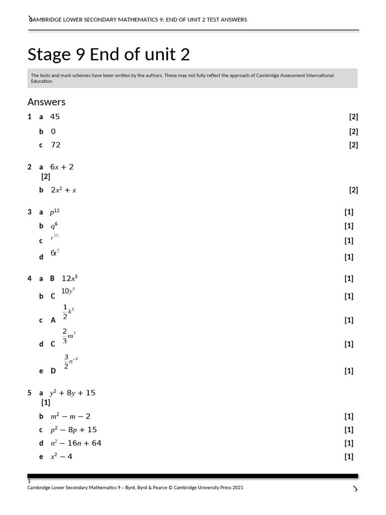 End of Unit 2 Test Answers: Stage 9 | PDF