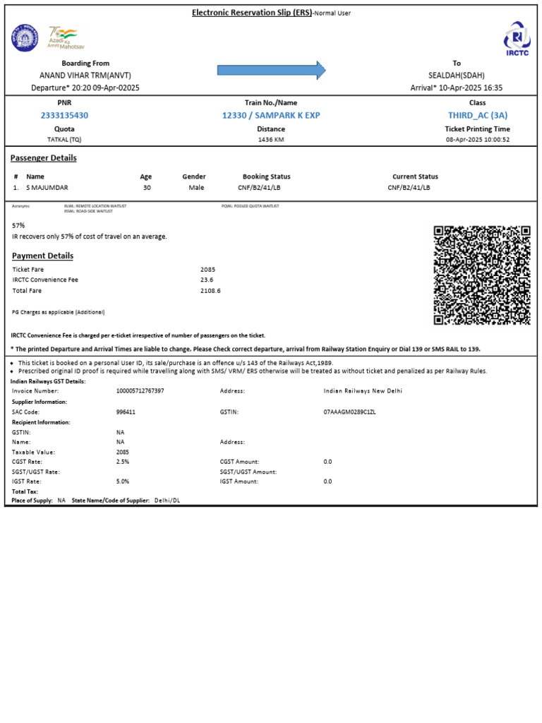 Print Anand Vihar TRM (Anvt) Sealdah (Sdah) 2333135430000 | PDF ...