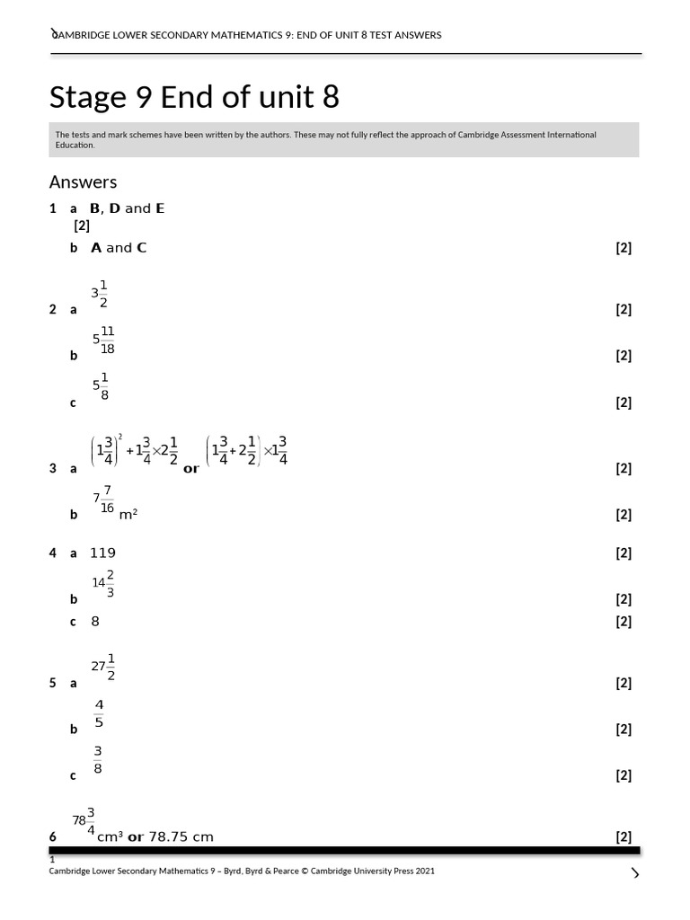 Cambridge Math 9 Unit 8 Test Answers | PDF | Student Assessment And ...