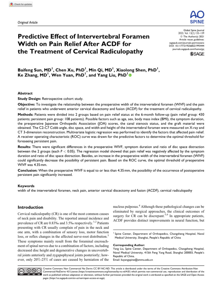 Predictive Effect of Intervertebral Foramen Width On Pain Relief After ...