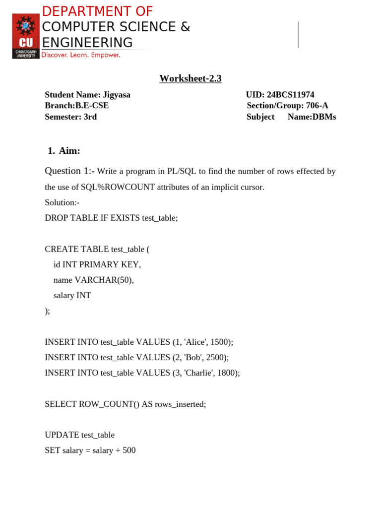 Worksheet 2.3 DBMS (24BCS11974) | PDF | Computer Programming | Sql