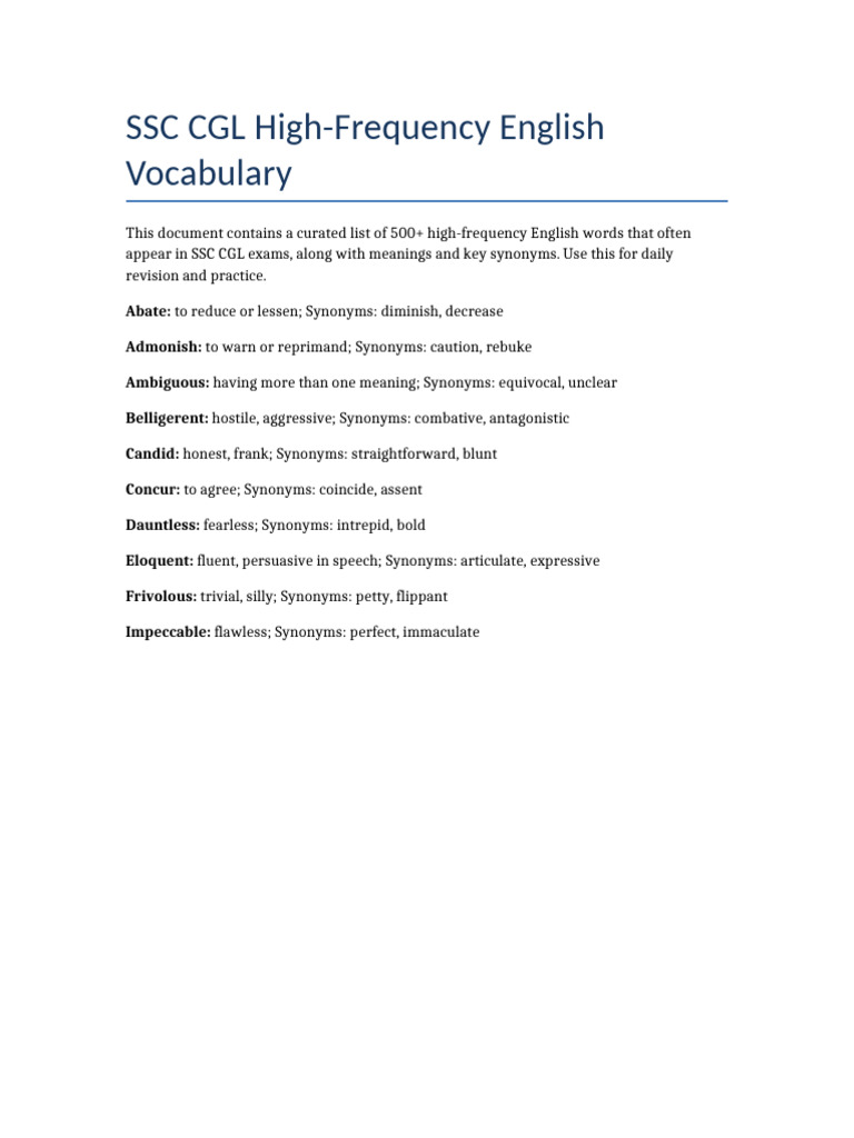 SSC CGL Vocabulary Word List | PDF
