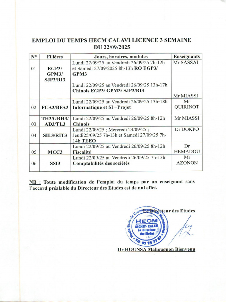 Emploi Du Temps Licence 3 Semazine 22 Septembre 2025 | PDF
