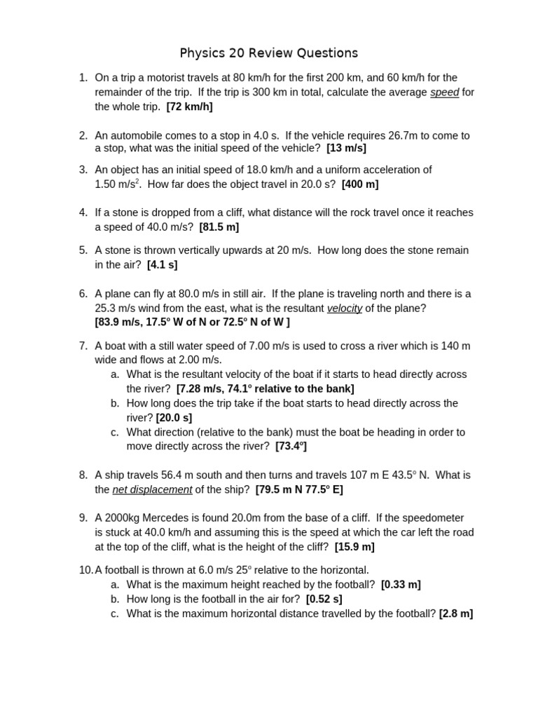Physics 20 Review Questions and Solutions | PDF | Force | Acceleration