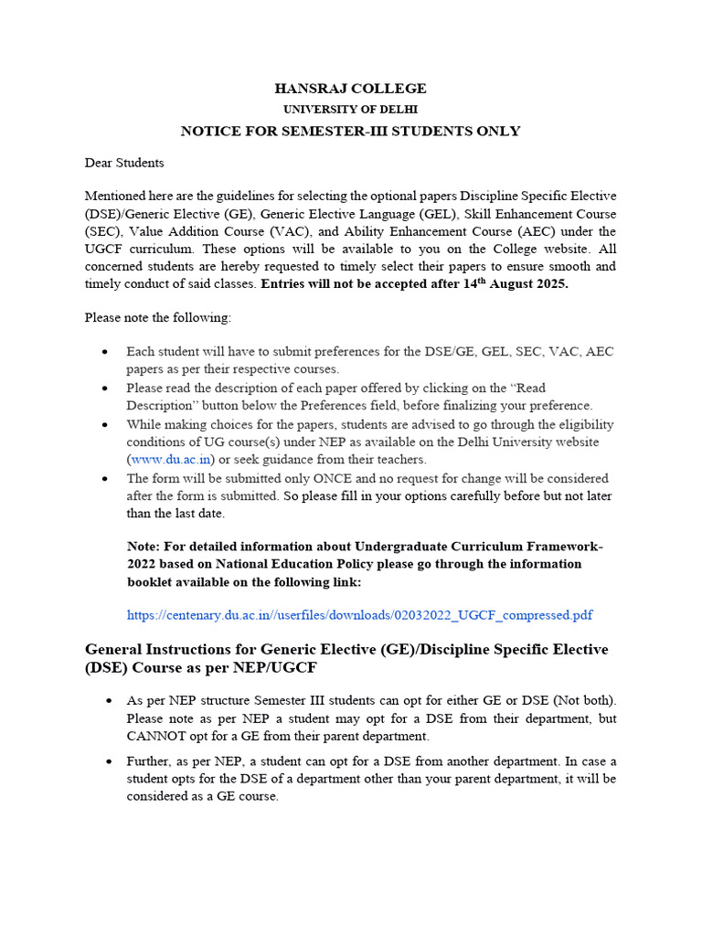 Semester III Elective Course Guidelines | PDF