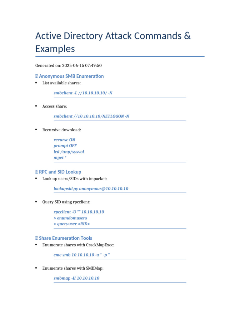 Active Directory Attack Commands Guide | PDF