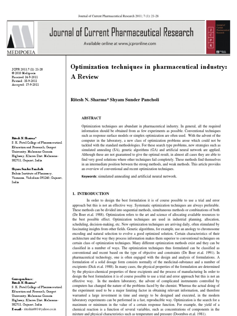 Optimization Techniques in Pharmaceutical Industry: A Review | PDF ...
