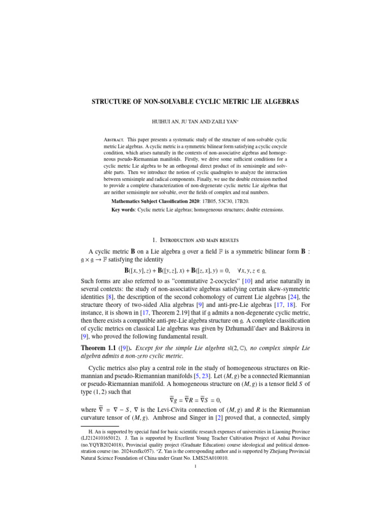 Non-Solvable Cyclic Metric Lie Algebras | PDF | Lie Algebra | Topology