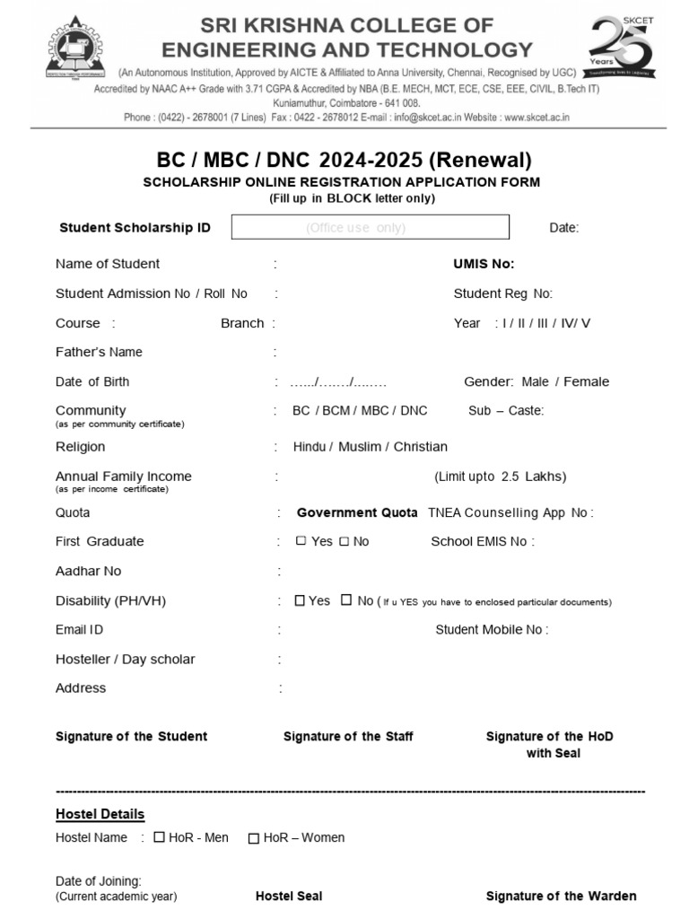 BC/MBC/DNC Scholarship Renewal Form 2024-2025 | PDF