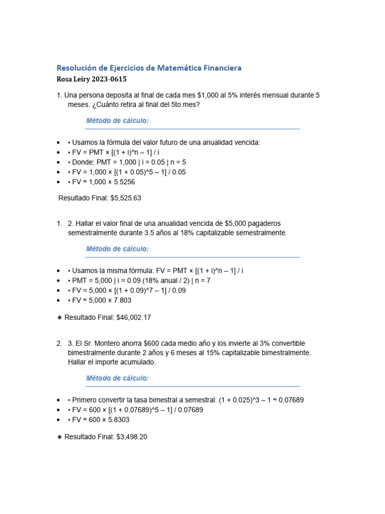 Ejercicios Resueltos de Matemática Financiera | PDF