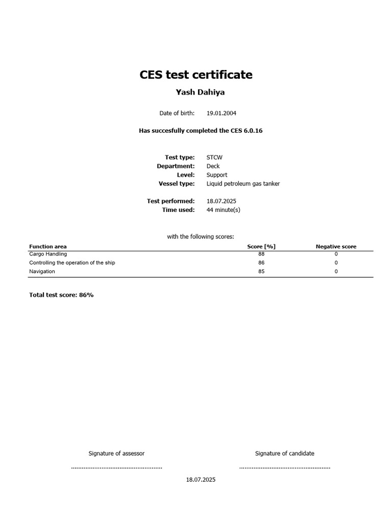 CES 6.0.16 Test Certificate Summary | PDF