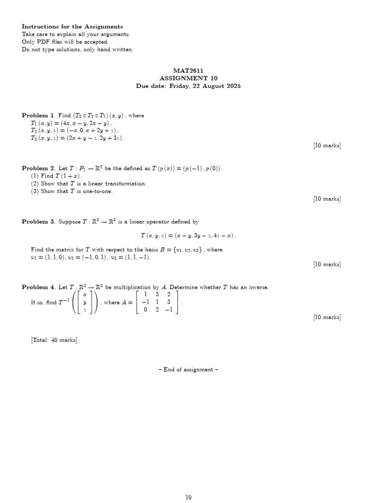MAT2611 Assignment 10 Instructions | PDF