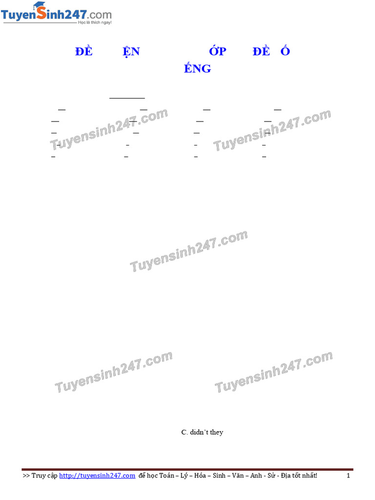 De Luyen Thi Vao Lop 10 Mon Anh de So 01 Co Dap An | PDF