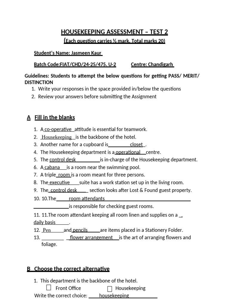 Housekeeping Assessment Test 2 | PDF | Housekeeping | Bed