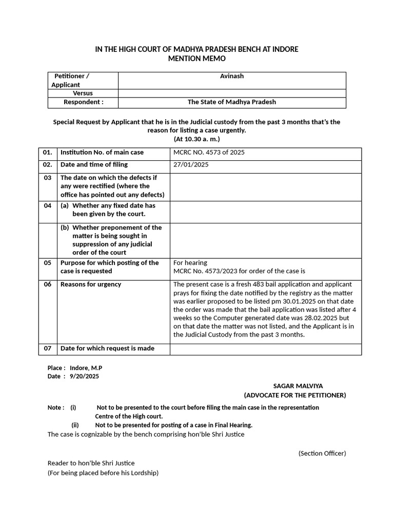 Urgent Mention Memo for Bail Hearing | PDF | Justice | Crime & Violence