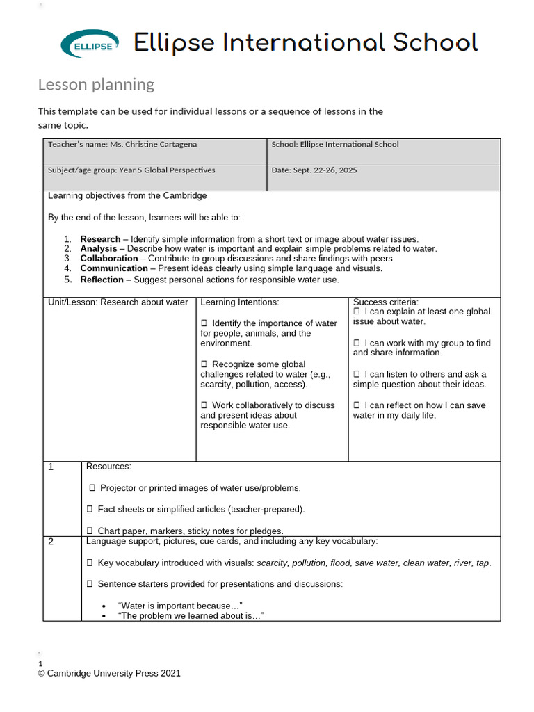 Year 5 Water Research Lesson Plan | PDF | Vocabulary | Communication