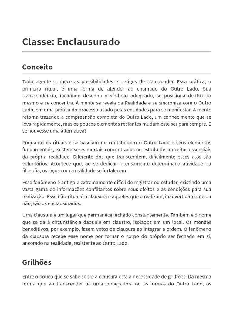 Classe Enclausurado: Rituais e Grilhões | PDF | Realidade | Conceitos ...