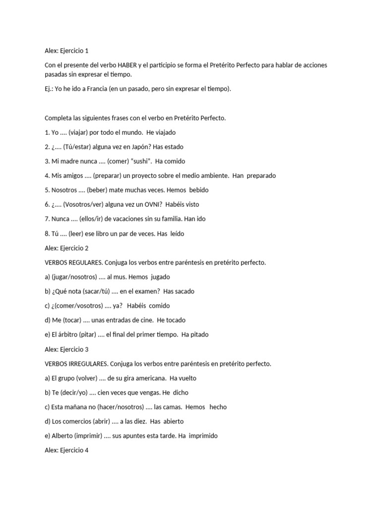 Ejercicios de Pretérito Perfecto en Español | PDF