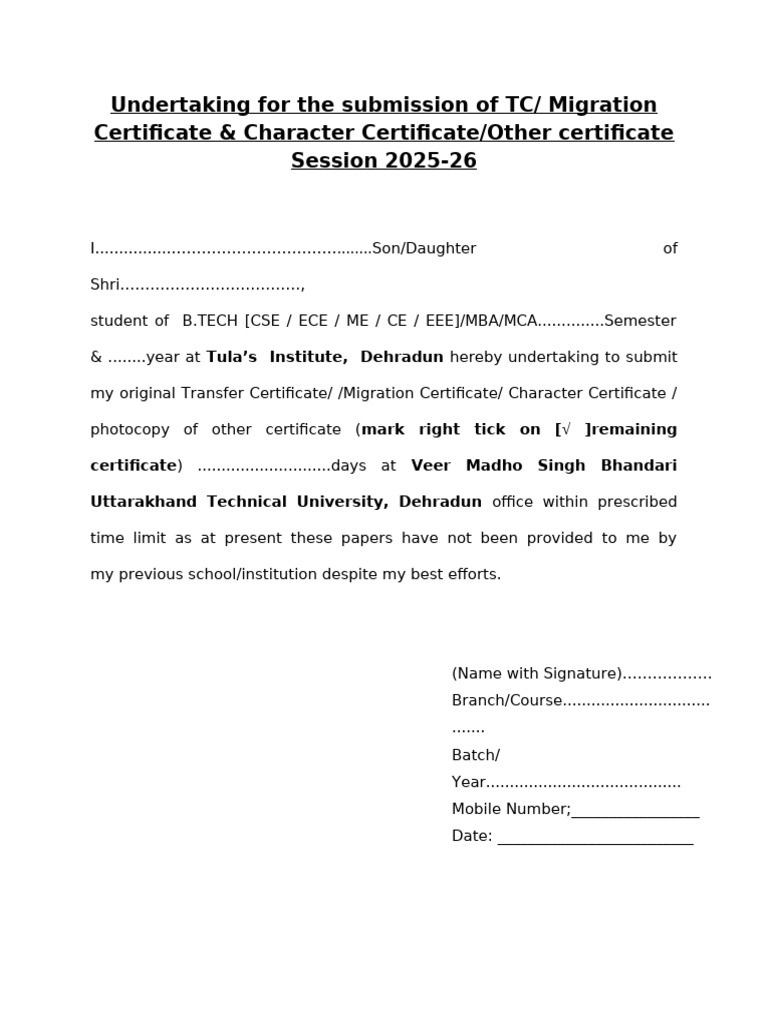 TC/Migration Certificate Submission Undertaking | PDF