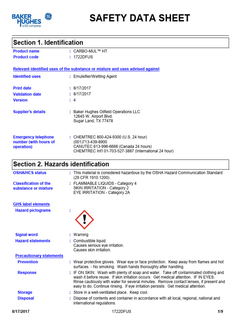 CARBO-MUL™ HT Safety Data Sheet | PDF | Toxicity | Waste