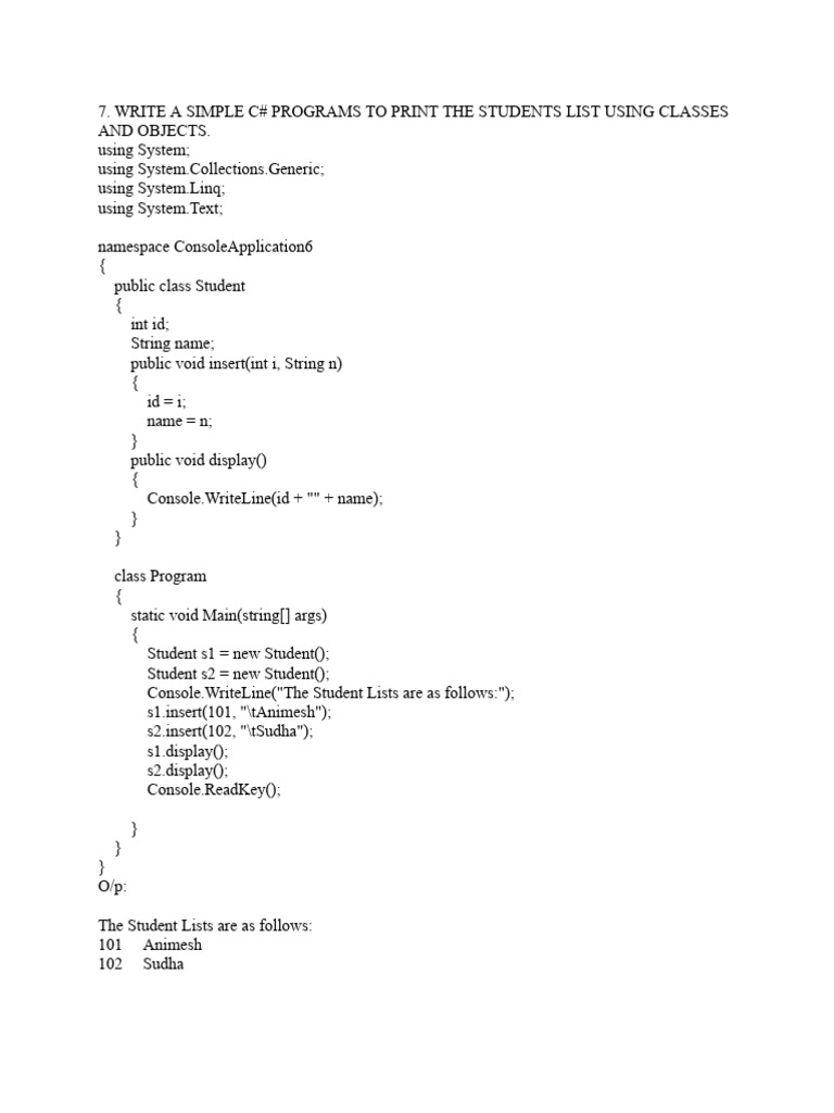 C# Program to Print Student List | PDF