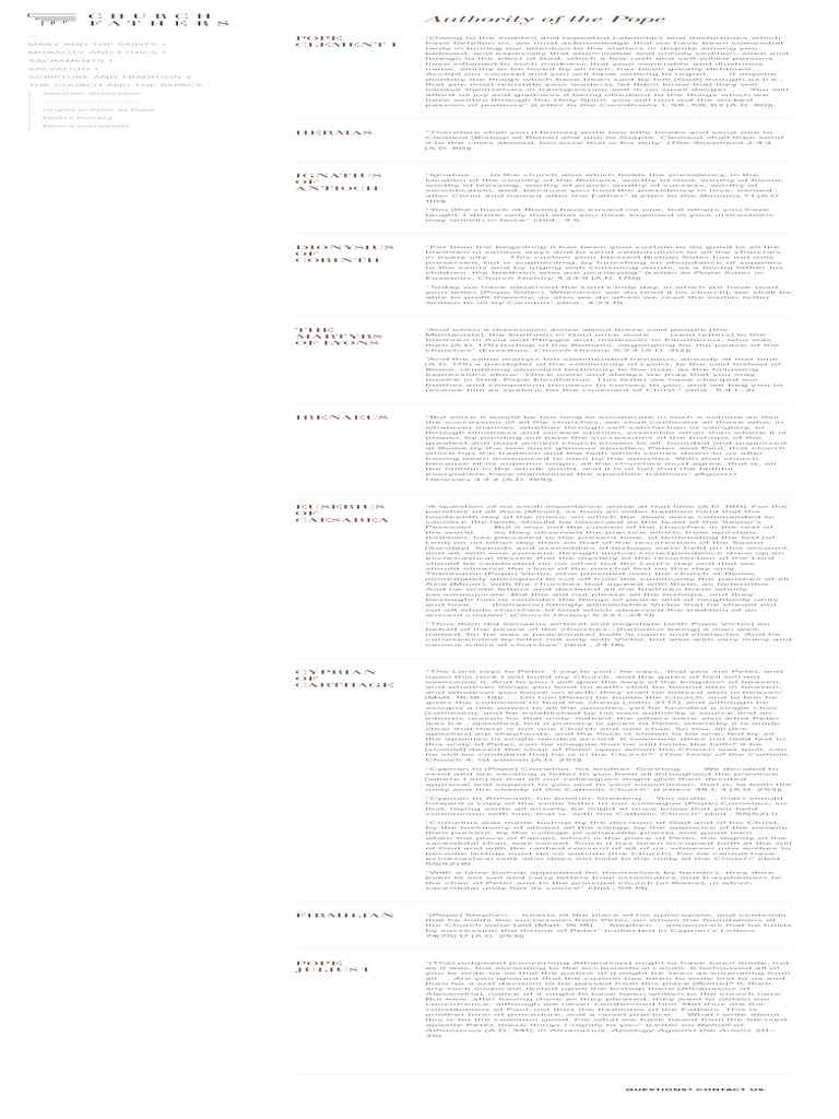 Church Fathres On The Authority of The Pope | PDF | Saint Peter | Pope