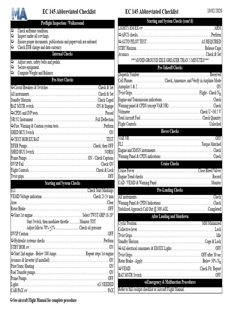 EC 145 Preflight Inspection Checklist | PDF | Transport Accidents