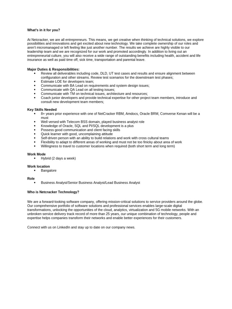 Senior Business Analyst Role at Netcracker | PDF | Business | Computing