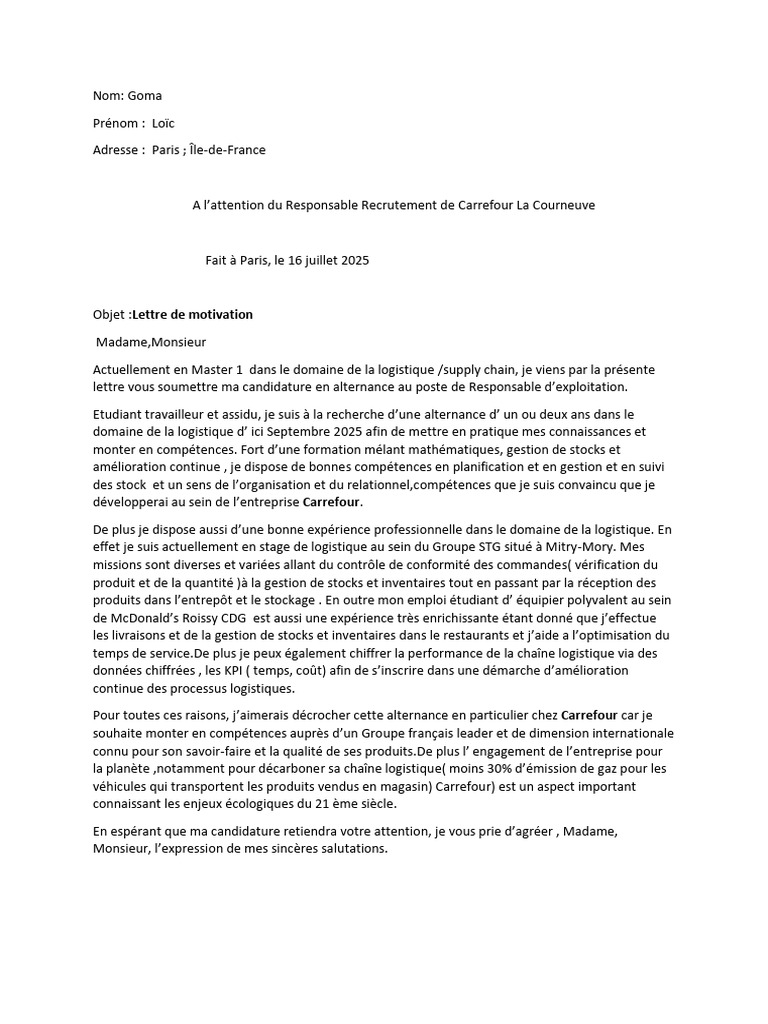 Candidature Responsable d'Exploitation | PDF | Logistique | Gestion de ...