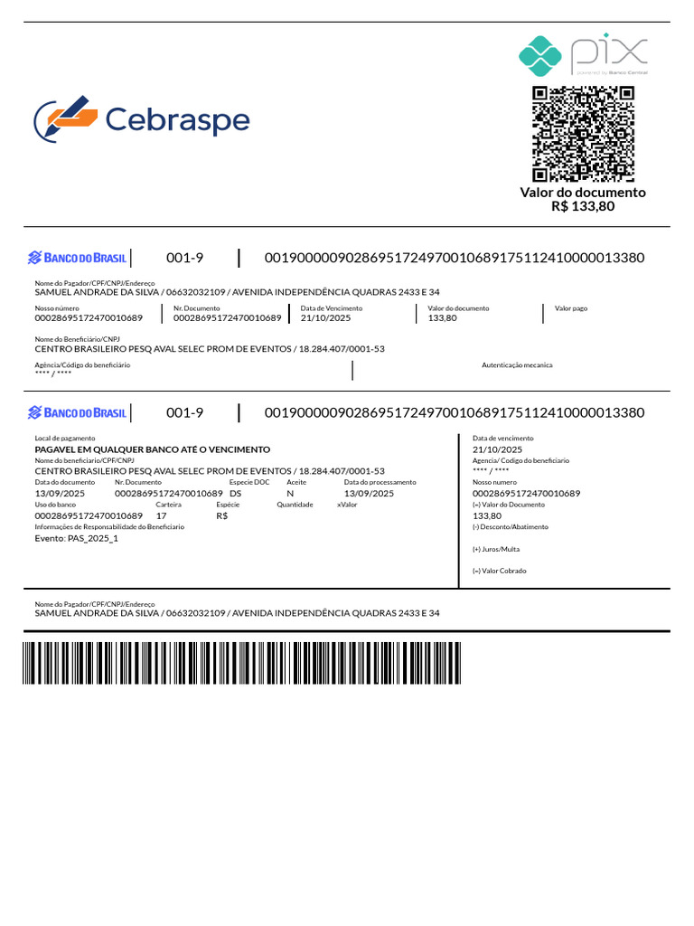 Valor Do Documento R$ 133,80: Pagavel em Qualquer Banco Até O ...