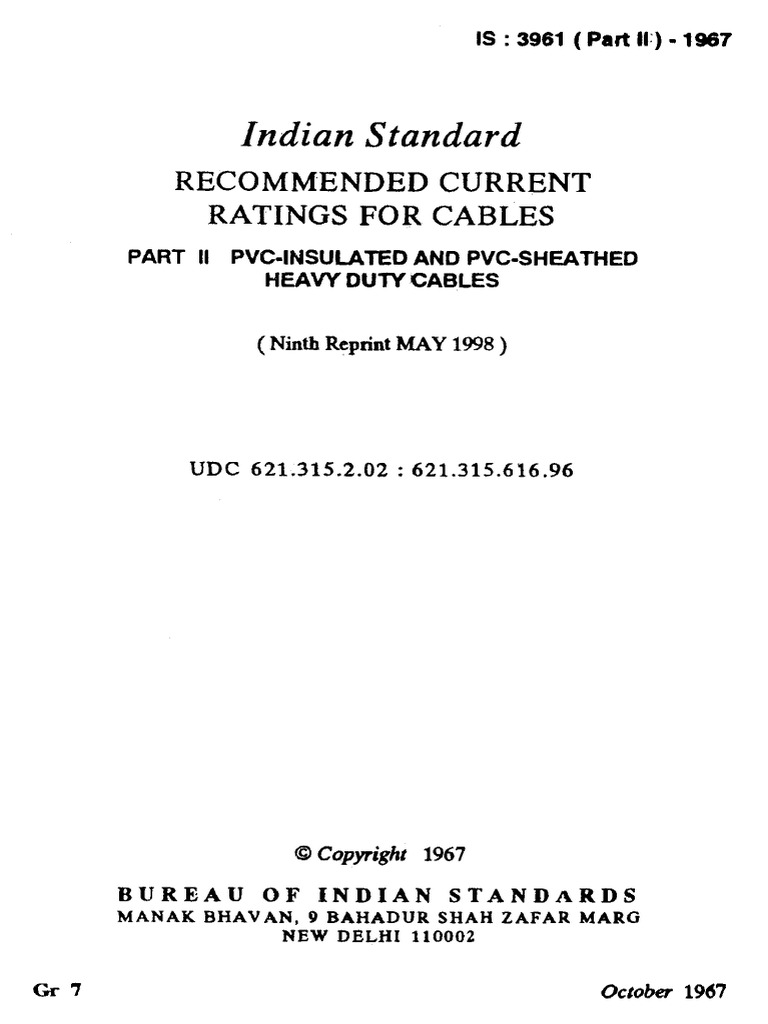 Indian Standard: Recommended Current Ratings For Cables | PDF ...