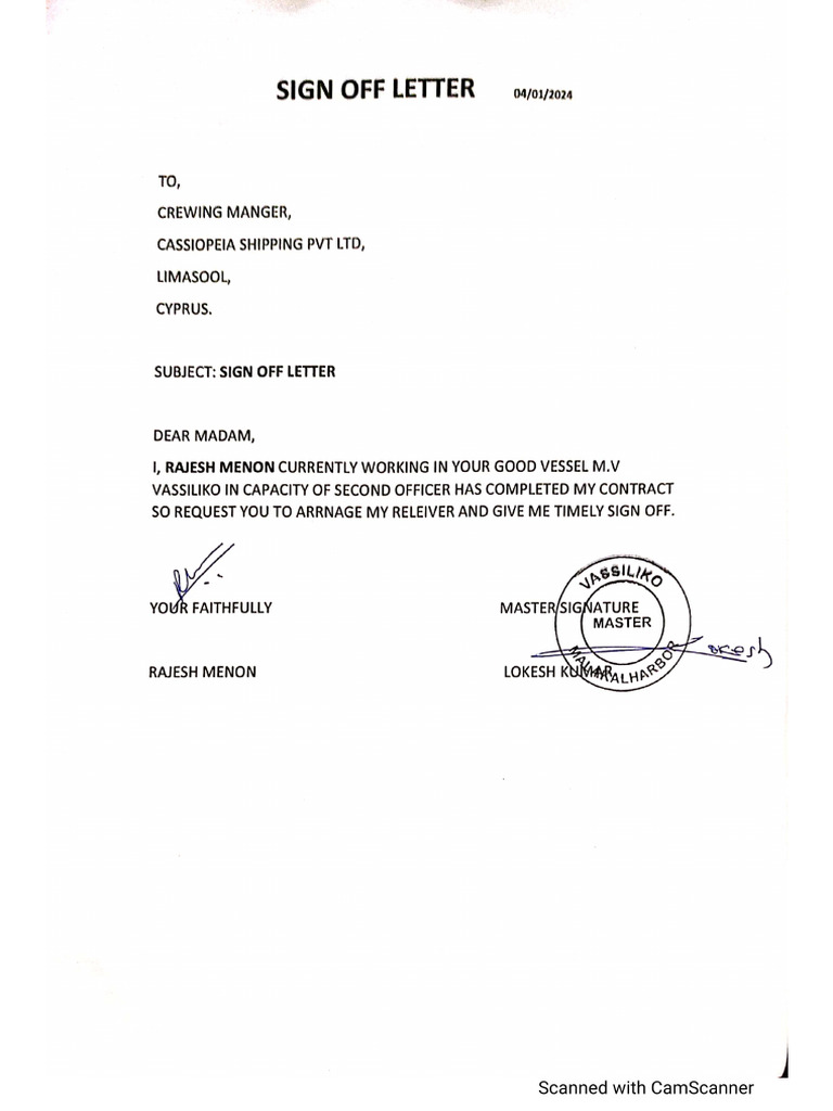 Signoff Letter of Second Officer Rajesh Menon and OS Shubham Namdev | PDF