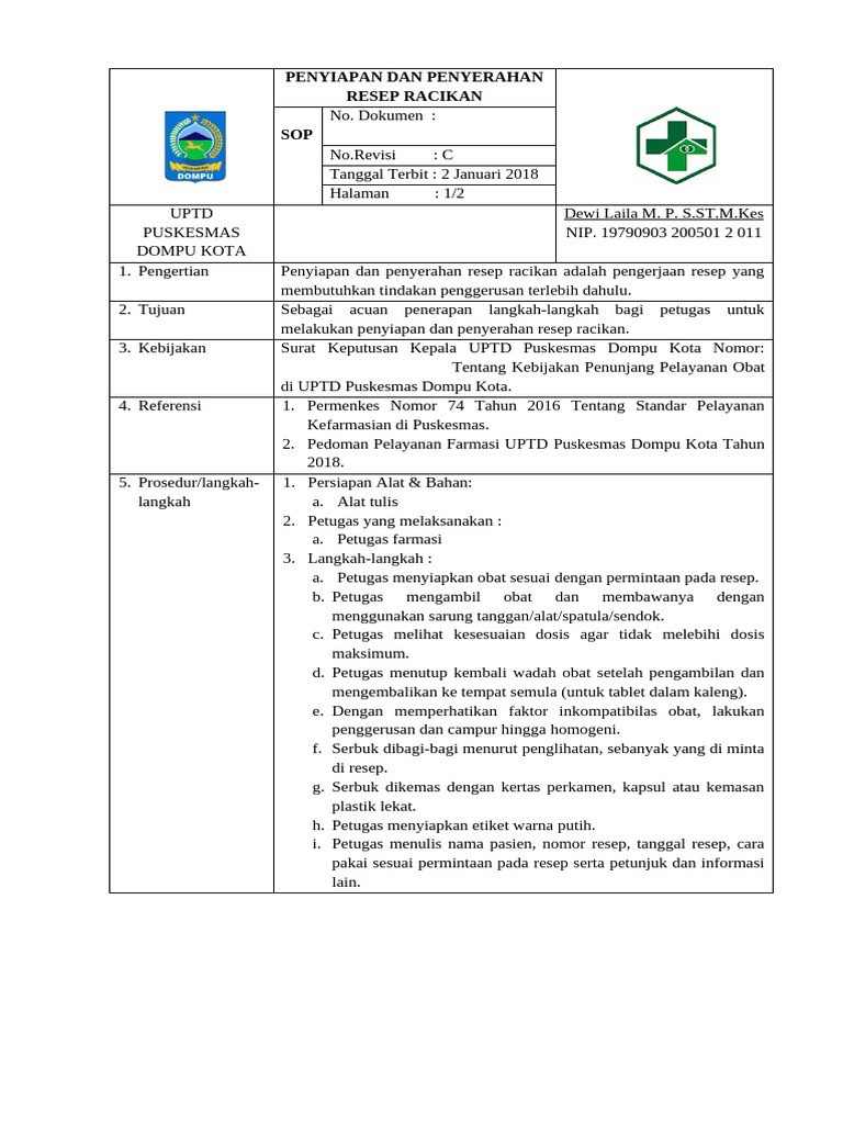 Prosedur Penyiapan Resep Racikan Obat | PDF