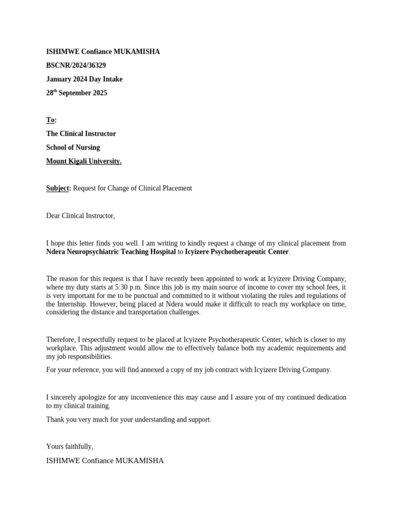 Request for Clinical Placement Change | PDF