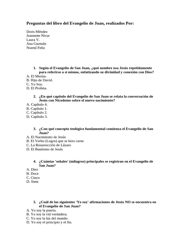 Preguntas Del Libro Del Evangelio de Juan para El Grupo | PDF | Jesús ...