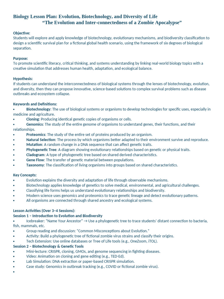 Zombie Apocalypse Biology Lesson Plan | PDF | Evolution | Natural Selection