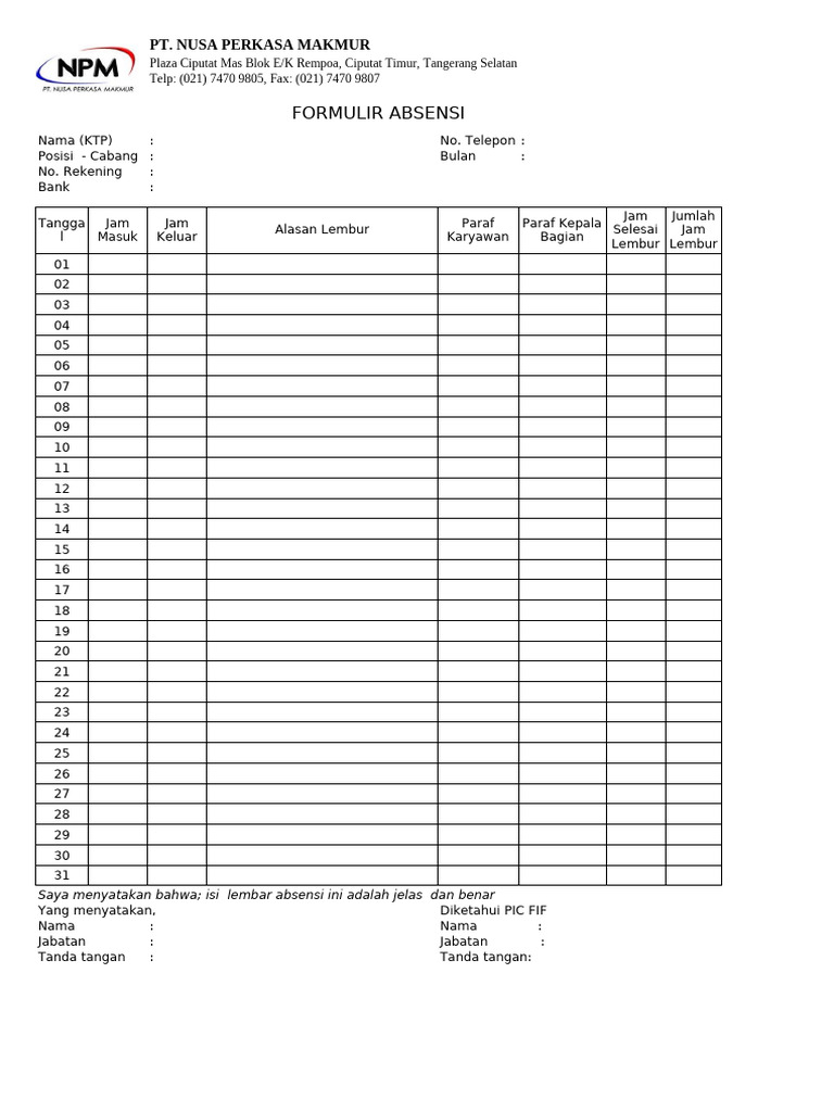 Formulir Absensi Karyawan Nusa Perkasa | PDF