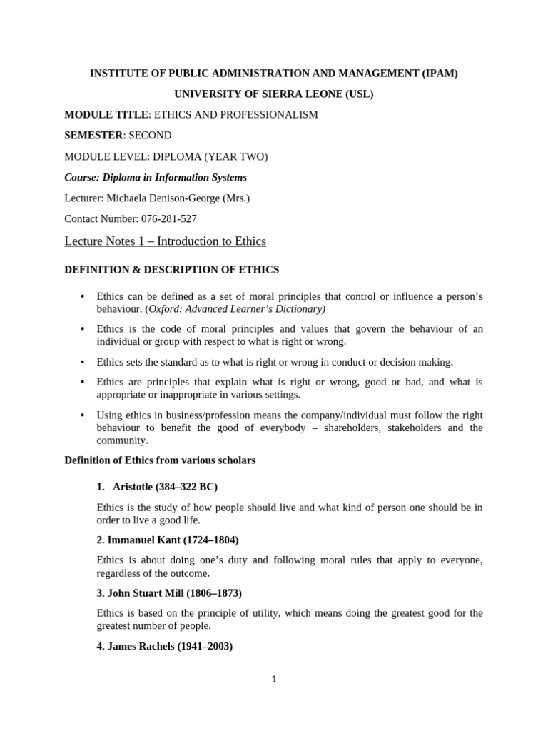 Introduction to Ethics and Professionalism | PDF | Utilitarianism ...
