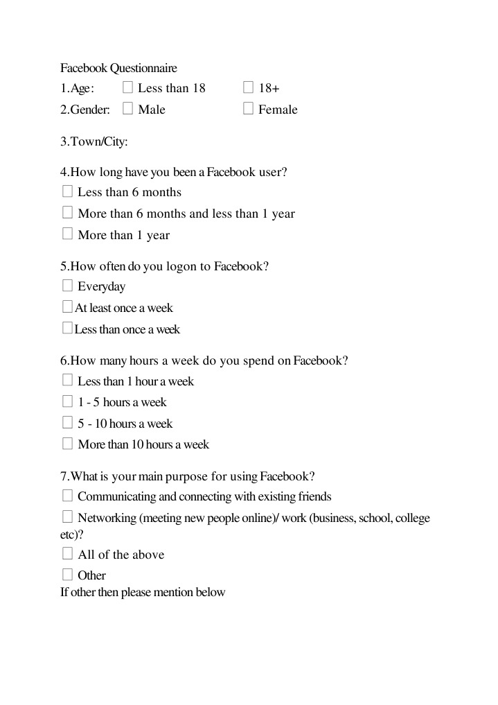 Facebook Questionnaire Facebook Online And Offline