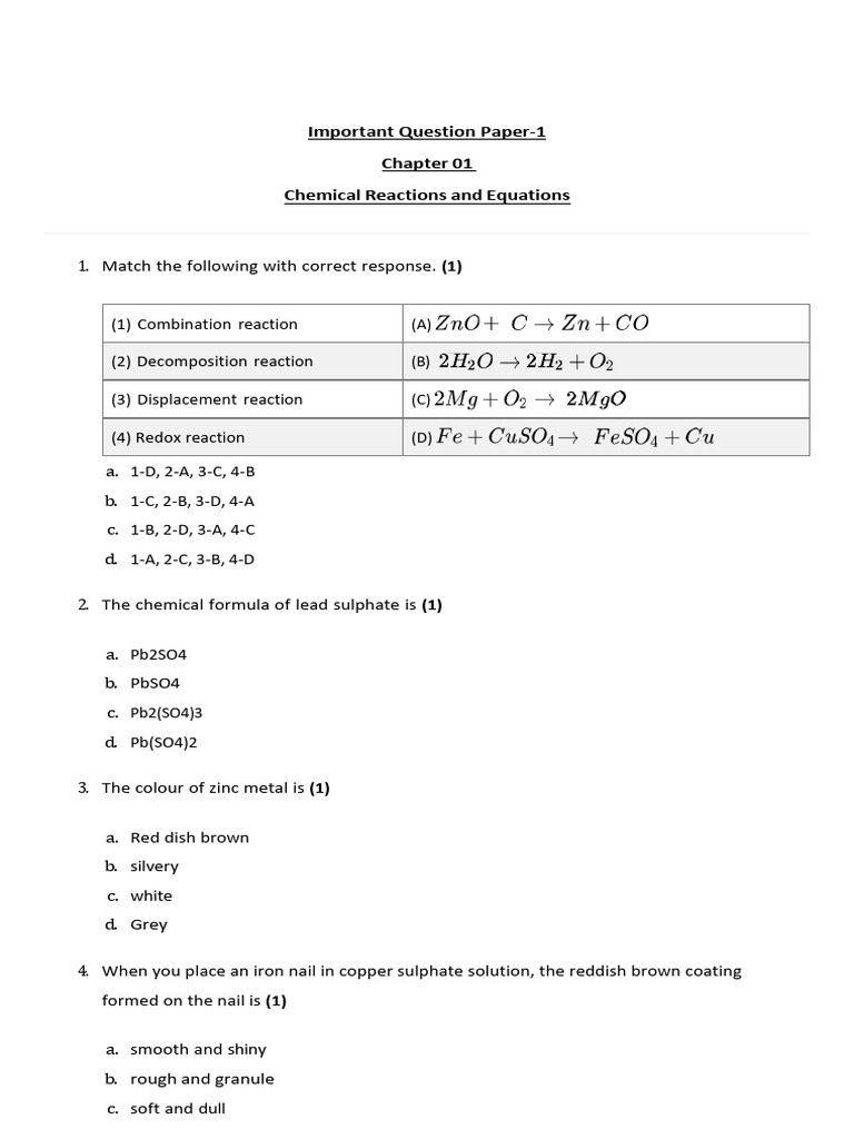 Chemical Reactions and Equations Quiz | PDF | Chemical Reactions | Oxide