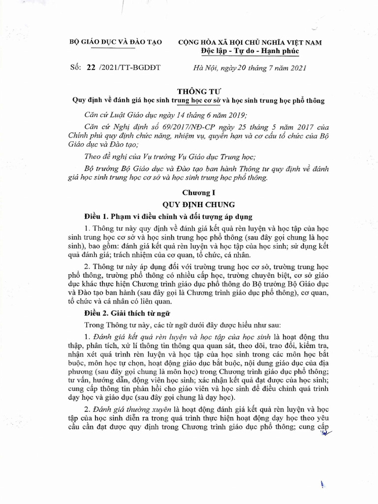 TT 22 2021 TT BGDDT Danh Gia Xep Loai Hs | PDF