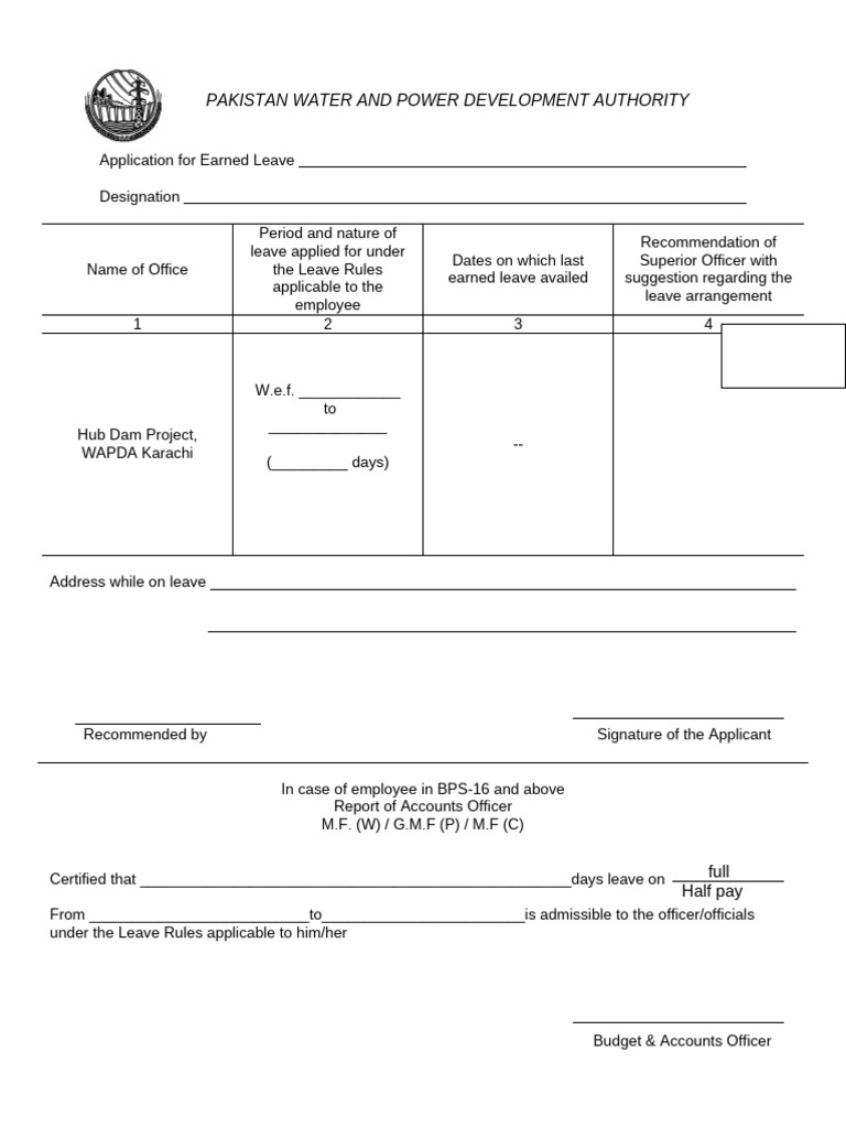 WAPDA Earned Leave Application Form | PDF