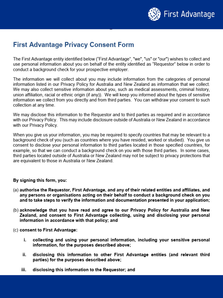 First Advantage Privacy Consent Form AUNZ - DEC 2020 | PDF | Background ...